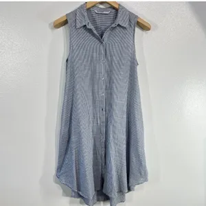 Zara Basic Striped Button Down Tunic Dress XS Blue‎ White Cotton Sleeveless Boho Blue thumbnail 2