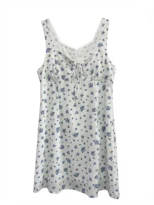 Floral Square Neck Lace Trim Front Tie Mini Dress thumbnail 2