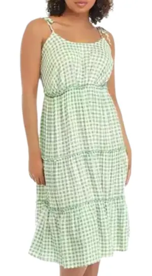 AS U Wish Gingham Smocked Tiered Midi Dress Green White Tie Shoulder Size L thumbnail 1