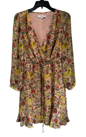 Loft Long Sleeve Floral Wrap Mini Dress Pink Fall Wedding Guest‎ XS thumbnail 1