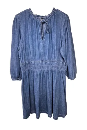 Gap Denim Dress Womens XXL Blue Cotton Ruffle Neck Tie Smocked Waist Long Sleeve thumbnail 1