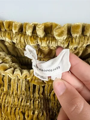 Anthropologie Puff-Sleeved Velvet Blouse in mustard yellow green size medium thumbnail 4
