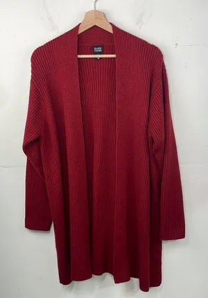 Eileen Fisher Open Front Ribbed Cardigan Sweater 100% Merino Wool Deep Red Med thumbnail 1
