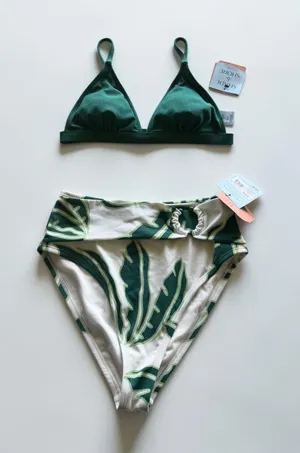 Shade & Shore Green Ribbed Triangle‎ Top Tropical Palm High Waist Bikini Set S thumbnail 1