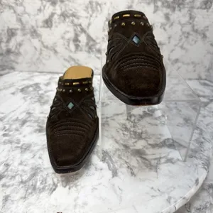 Cole Haan Western Heeled Mules Size 7 Brown Suede Turquoise Studded Butterfly thumbnail 6