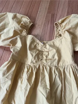 Billabong 100% Cotton Butter Yellow Puff Sleeve Babydoll Mini Dress Small Beach thumbnail 2
