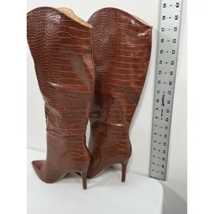 Womans Suedi Knee High Boots 7 Brown Croc Faux Leather Stiletto Pullon NWOT thumbnail 4