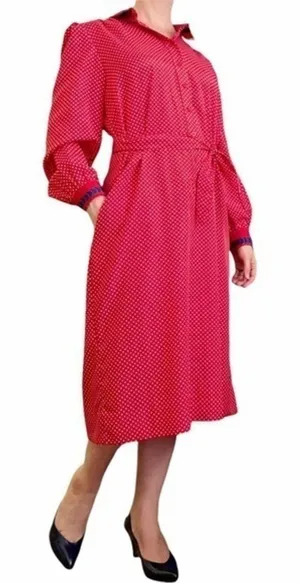 Vintage Abe Schrader Sport Red White Polka-Dot Belted Midi Shirt Dress thumbnail 1