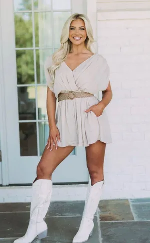 These Three Boutique Taupe Belted Romper thumbnail 4