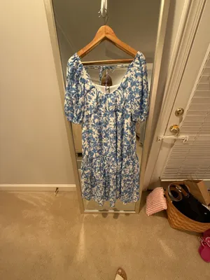 THML Blue and White Floral Puff Sleeve Tiered Midi Dress WCT2010-BL thumbnail 7