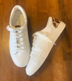 J. Crew Women's Saturday Sneaker 8 White Sneakers with Leopard Detail thumbnail 1