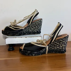 Marc Jacobs Black Satin Gold Metallic Wrap Espadrille Wedge Sandals Spain 38.5 thumbnail 3