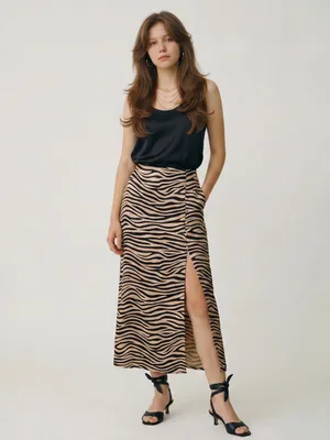 Le Lis Satin Zebra Print Slit Maxi slip Skirt Black Tan Date night Office Siren thumbnail 3