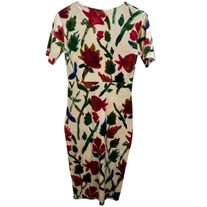 Zara‎ Trafaluc Floral Velvet V-Neck Midi Dress Cream Red Green Pinup Retro thumbnail 6