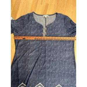 Chelsea Taylor 2X Blue Faux Denim Dress Lace Trim Ring Neck Stretch Midi Plus thumbnail 8