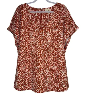 Melloday Women 1X Rust Orange Animal Print V-Neck Zipper Short Sleeve Blouse NEW thumbnail 1