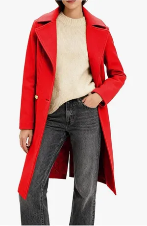Women's Red Pea Coat Long Sleeve Regular Fit Overcoat Winter Outerwear AW5 thumbnail 1
