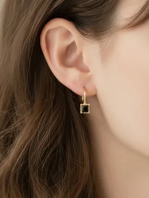 Gold Drop Earrings with Black Square Gemstones thumbnail 2