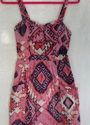 American Eagle Pink Ikat‎ Geometric Sun Dress Womens 0 Boho Cotton Mini Pocket thumbnail 1