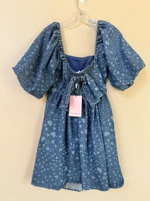 NWT Avec Les Filles Swirling Hearts denim puff sleeve babydoll minidress bow S thumbnail 5