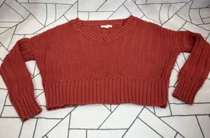 Aeropostale V-Neck Sweater Small Rust Orange Cropped Shaker Knit‎ Long Sleeve thumbnail 1