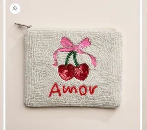 Beaded Amor Cherry Zipper Pouch White thumbnail 2