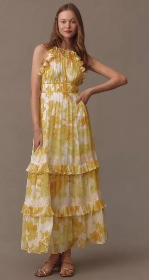 BHLDN Anthropologie Ava Chiffon High-Neck Ruffled Maxi Dress thumbnail 1