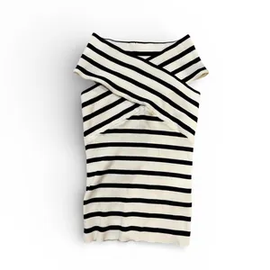 COMMENSE Striped Off-Shoulder Cross Knit Top COLOR - Black White NWT Sold Out thumbnail 2