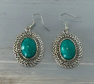 Silver Tone Dangle Pierced Earrings Faux Turquoise Cabochons Blue thumbnail 1