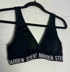 Steve Madden Womens Black Logo Band V-Neck Stretch Bralette Sports Bra Size M thumbnail 1