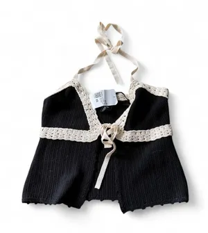 Forever 21 black & cream lace halter crop top with cream lace trim, size XS. NWT thumbnail 1