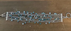 Silver tone multi strand blue dangle bead bracelet thumbnail 5