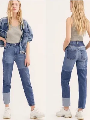 We The Free Patchwork Two-Tone Blue High-Waisted Mom Jeans thumbnail 2