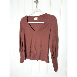 Nation LTD Womens Mahogany Brown Slub Cotton V-Neck Puff Sleeve Top Gold Snaps S thumbnail 2