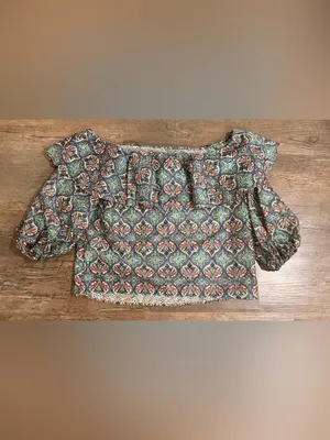 NWT Sachin & Babi Anthropologie Teal and Navy Printed Off-Shoulder Peasant Top thumbnail 7