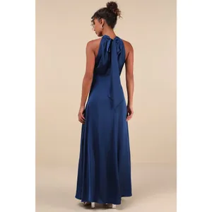 NWT Lulus Regal Loveliness Blue Satin Pleated Mock Neck Maxi Dress Bridesmaid XS thumbnail 3