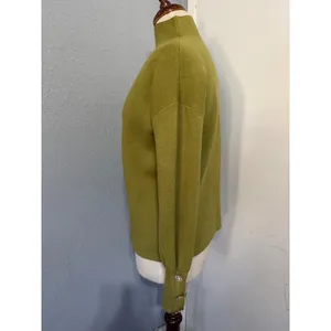 Cottagecore Mock Neck Puff Sleeve Sweater‎ Crystal Button Cuffs Olive Green Sz M thumbnail 5