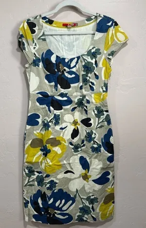 Boden Beige & Yellow Floral Short Sleeve Sheath Dress 8 Long thumbnail 1