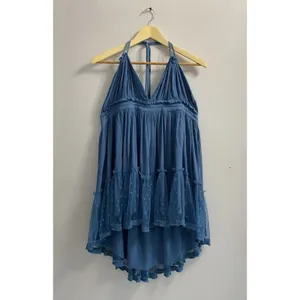 ⁠R Vivimos Blue Halter Mini Dress Size L Boho Mesh Polka Dot Tiered Babydoll thumbnail 3