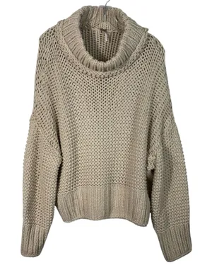 Free People My Only Sunshine Beige Chunky Knit Cowl Neck Sweater Large L Boho thumbnail 1