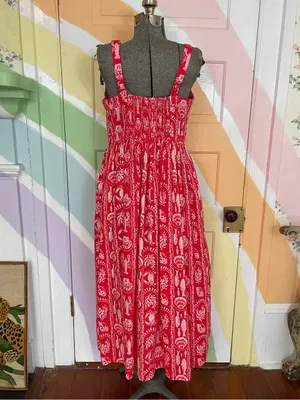 NWOT Crown & Ivy Tropical Red Sea Stripe Cotton Smocked Maxi Dress Petite L🧡🎀 thumbnail 4
