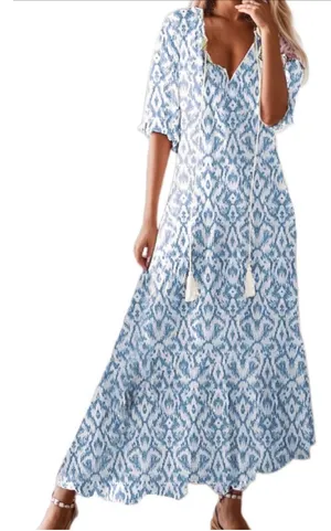 NEW Floral Loose Lightweight Beach 3/4 Ruffle Sleeve Maxi Dress V Neck A Line M thumbnail 1