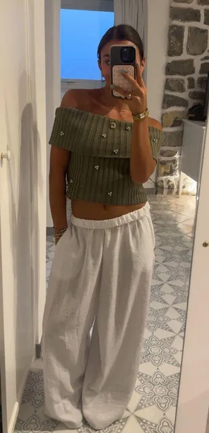 ZARA Green Off The Shoulder Rhinestone Top thumbnail 1