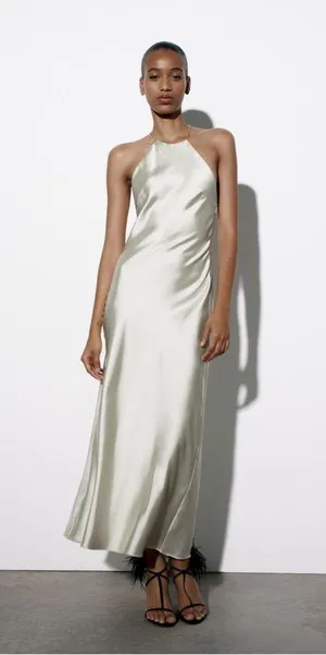 Zara midi dress satin effect slip halter maxi sage wedding party coctail thumbnail 12