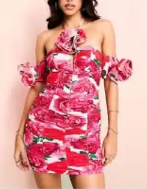 ASOS Luxe- Halter Pink Floral Ruched Mini Dress thumbnail 1