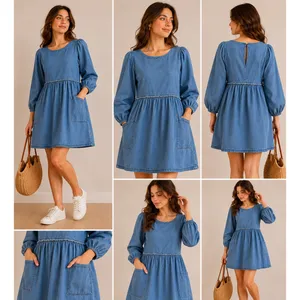 Free‎ People Denim Babydoll Mini Dress Blue Long Sleeve Pockets XS thumbnail 2