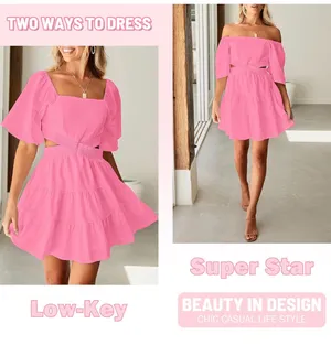 Amazon Womens Summer Dresses 2026 Short-Sleeve Square Neck Mini Dress Crossover Elastic Waist Casual Party Tiered Dress thumbnail 2