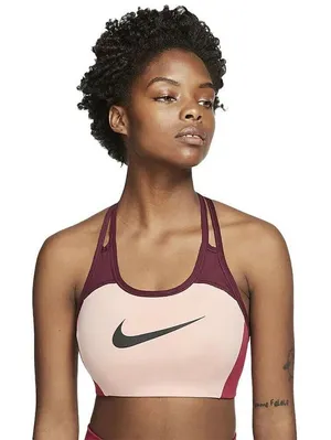 Nike Swoosh Logo Sports Bra Colorblock Cut Out Pink Maroon Purple Womens Medium thumbnail 1