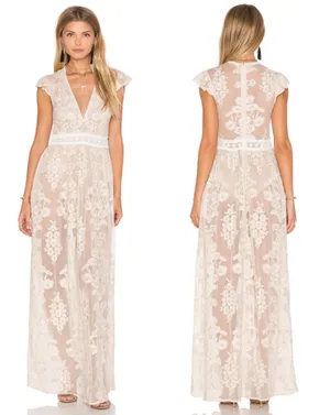For Love & Lemons Violetta Embroidered Mesh Lace Maxi Dress Nude Ivory White L thumbnail 2