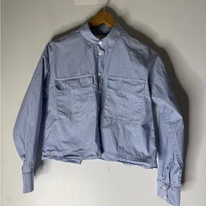 Loft Cropped Collar Poplin Button down Blue White Stripe‎ Cheat Pocket Small thumbnail 1